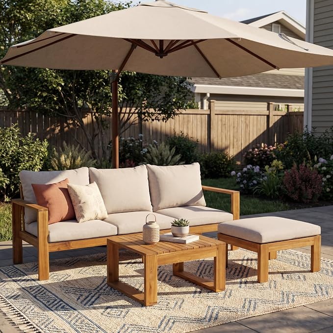 JIVOIT Acacia Wood Sectional Patio Furniture Set, Outdoor 3 Pieces Conversation Set with Acacia Wood Coffee Table for Backyard Porch Garden Balcony
