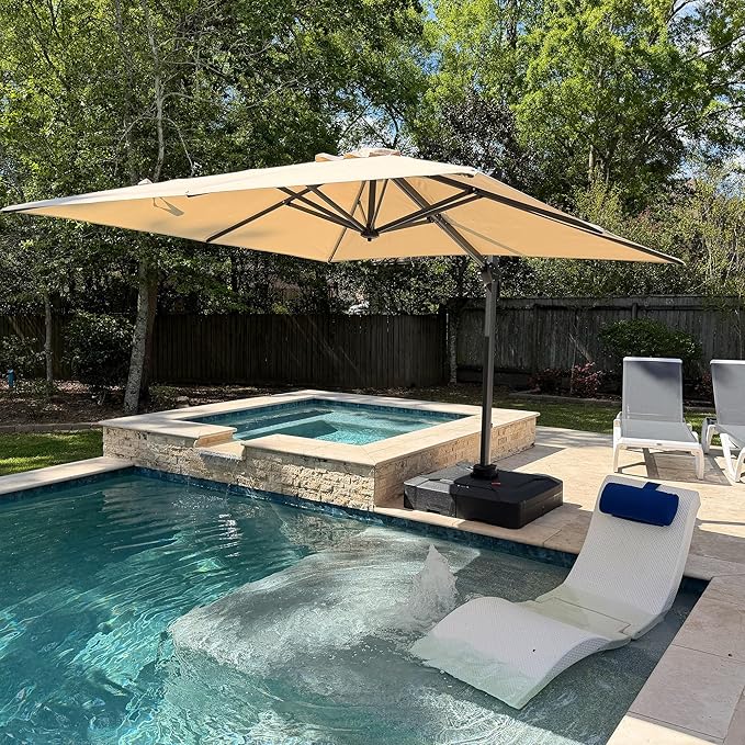 PURPLE LEAF 8' X 8' Patio Umbrella for Pool 7' High Offset Outdoor Cantilever Umbrella Swimming Pool Umbrella with 360°Rotation for Poolside Beige