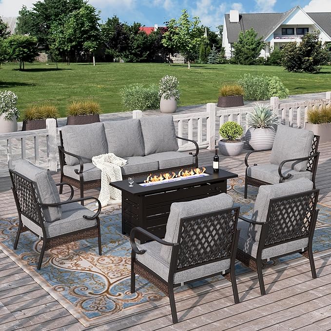 HERA'S HOUSE 6 Piece Metal Patio Furniture Set with 56" Fire Pit Table, All Weather Outdoor Conversation Set, 3 Seat Sofa, 4 Fixed Chairs with Cushions, Seats 7 for Backyard, Garden, Deck, Grey