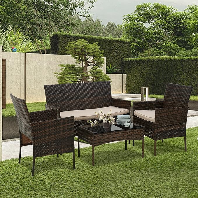 PayLessHere 4 Pieces Patio Furniture Set Rattan Outside Furniture Wicker Sofa Garden Conversation Sets with Soft Cushion and Glass Table for Yard Pool or Backyard,Brown