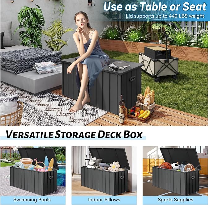 Metal Deck Box, 200Gallon Outdoor Storage Box Waterproof, Large Patio Furniture Storage Cabinet, Lockable Storage Chest for Porch, Pillows, Cushions, Pool, Tools, Backyard -Grey