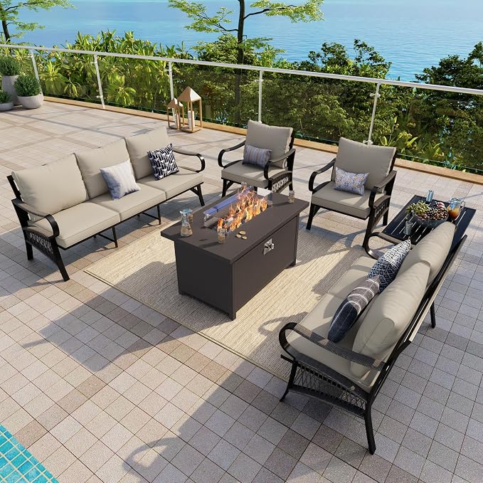 6-Piece Outdoor Furniture Set, Patio Conversation Set Include 3-Seater Sofa Single Chairs Loveseat Couch with Coffee Table and Fire Pit Table for Deck, Porch (Beige Cushions)