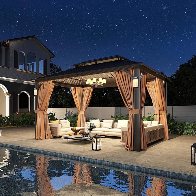 Aoxun 14'x10' Hardtop Gazebo with 4 LED Lights, Outdoor Gazebo with Galvanized Steel Double Roof, Patio Gazebo with Breathable Netting & Privacy Curtain, Decor Hooks for Backyard, Brown