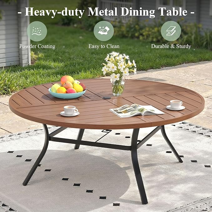 Outdoor Dining Set for 10, 63.1" Metal Round Outdoor Dining Table with Umbrella Hole and Wicker Stackable Patio Chairs, 11 Pieces Patio Table and Chairs Set for Garden Backyard, Walnut