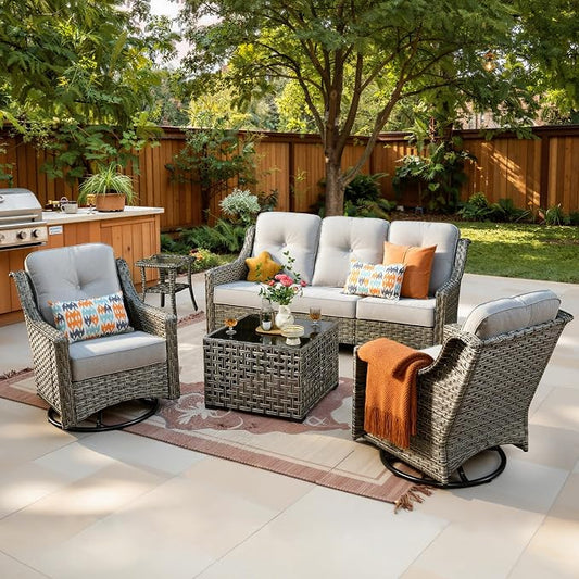 5 PCS Patio Conversation Set, All-Weather Rattan Wicker Outdoor Patio Furniture Sets with High Back Swivel Rocker Chair, Solar Light Coffee Table for Porch,Backyard,Balcony,Light Grey