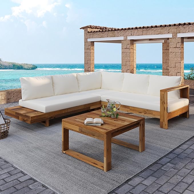 Christopher Knight Home Tenny 5-Seater Acacia Wood Patio Furniture Set, Outdoor Conversation Corner Sofa Set with Club Chair+Coffee Table, Patio Sectional Chat Set for Backyard/Balcony, Teak+Beige