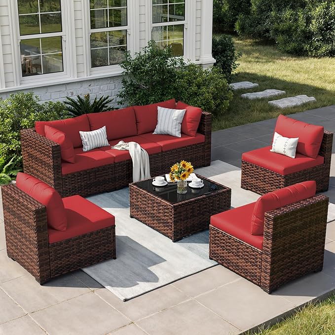 Patio Furniture Set, 7-Piece Outdoor Sectional Rattan Sofa Set with Coffee Table (Burgundy Cushions with Brown Rattan)