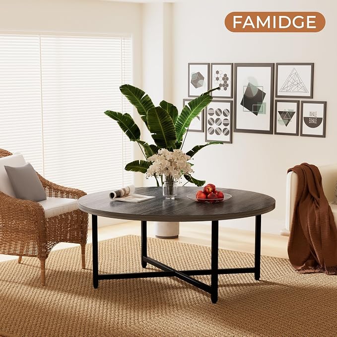 FAMIDGE Coffee Table, 31.5" Large Round Coffee Table for Living Room, Center Tables for Family & Office Use, Outdoor Coffee Table Round, Gray(31.5" D x 17.7" H)