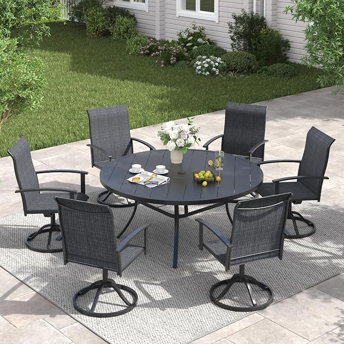 VICLLAX 7 Pieces Patio Dining Set, Outdoor Dining Set for 6-50" Round Outdoor Table and Swivel Patio Chair Set for Deck, Lawn and Garden, Black Table and Blue Chairs