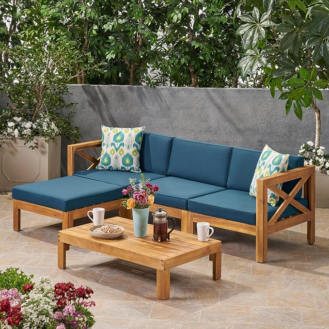 Merax Patio Furniture Set L-Shape Sofa with Table and Cushions for 3-Person, Acacia Wood Outdoor Conversation Set for Patio Deck Backyard Poolside (Teak)