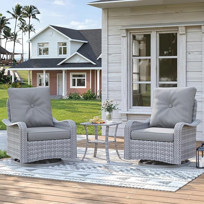 3 Piece Wicker Patio Furniture Set, Swivel Rocking Chairs with 4''Cushions, PE Rattan, Rust Resistant Frame, Double Layer Glass Side Table, for Backyard, Deck or Balcony, Grey
