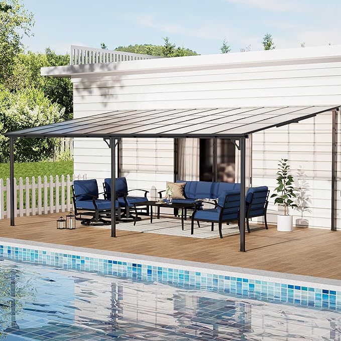 12' x 20' Lean to Gazeb,Hardtop Galvanized Steel Pergola with Sloped Polycarbonate Roof,Wall Mounted Gazebo Patio Canopy with Ground Anchor for Backyard Deck