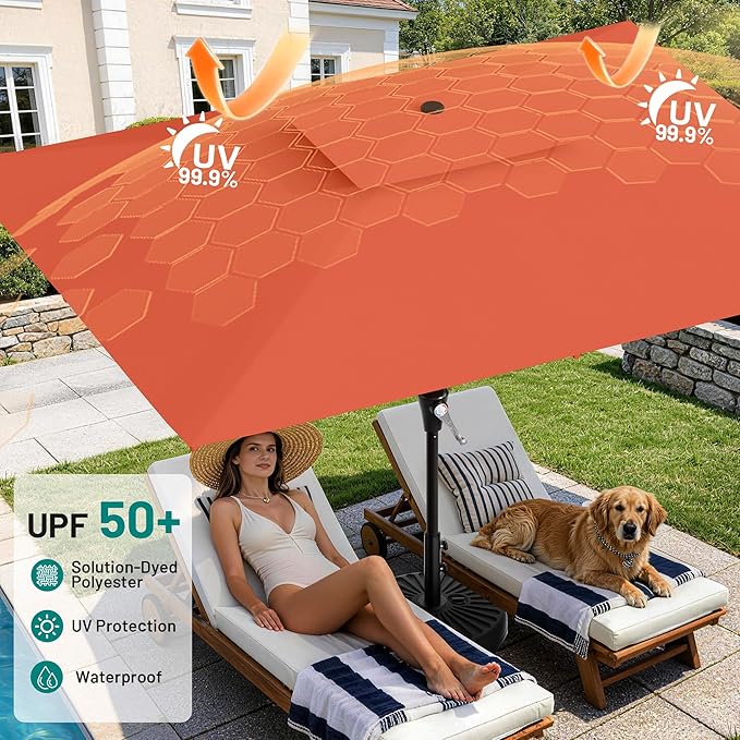 AreShark 8'x10' 2 Tiers Rectangular Patio Umbrella - Outdoor Umbrella Waterproof UV Protection, Market Table Umbrella w/Crank for Pool, Backyard, Deck(Orange)