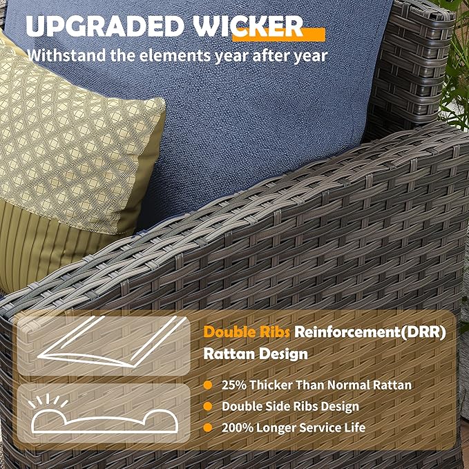 UDPATIO Patio Furniture Set, 6 Pieces Outdoor Sectional Couch with Swivel Rocking Chair, Gray Wicker Rattan Sofa with Side Table, 4" Thick Cushion for Garden Backyard Deck,Blue