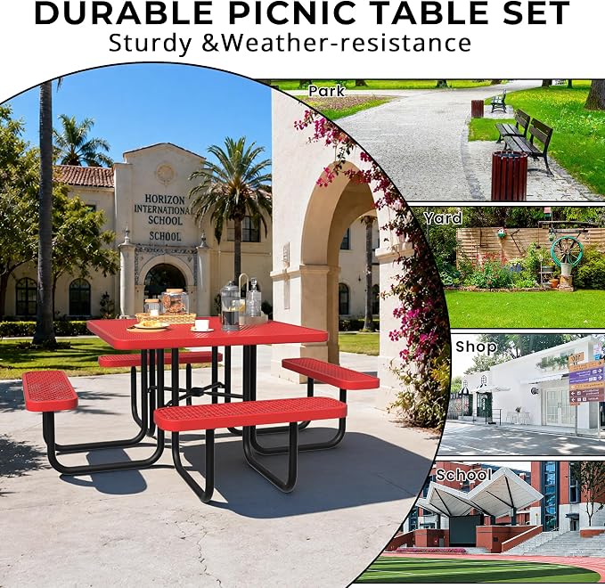 All-Weather Square Outdoor Picnic Table, Commercial Picnic Table Bench Set with Umbrella Hole, Thermoplastic Coated Metal Dining Tables for School, Stores, Park, Patio, Yard, Red