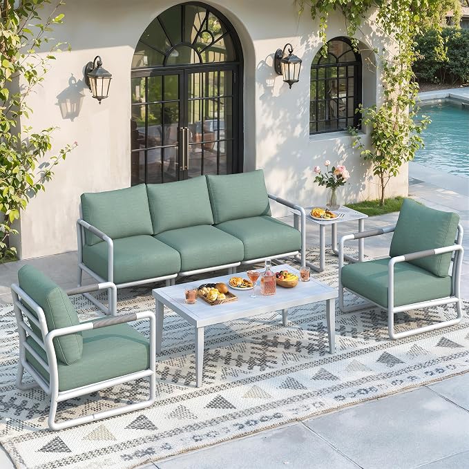 Outdoor Aluminum Patio Furniture Set with with 6.5" Thick Cushions,7-Piece Outdoor Sectional Conversation Set with Coffee Tables,All-Weather Patio Set for Backyard & Deck，White