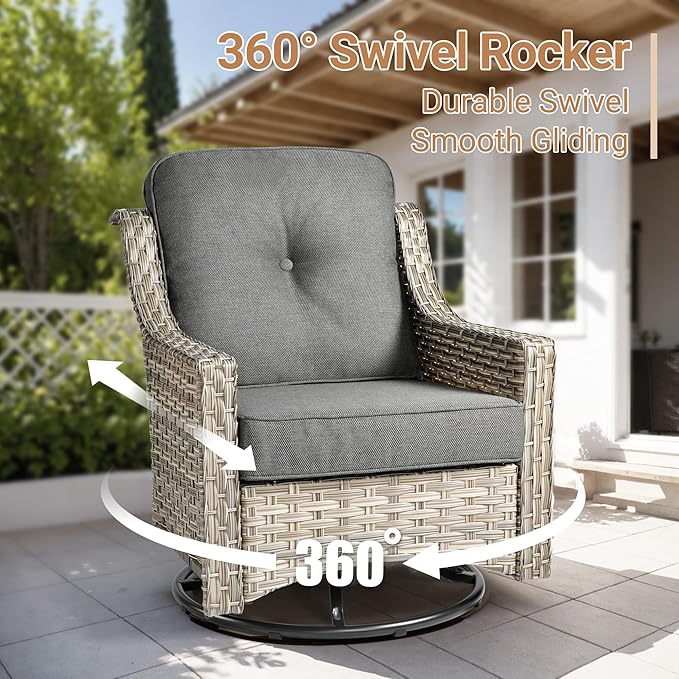 HOOOWOOO Patio Furniture Set,7 Pieces Wicker Outdoor Furniture,High Back Conversation Set with All Weather Resistant Fire Pit Table Couch Swivel Chairs Ottomans,Dark Gray