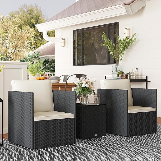 Outsunny 3 Piece Patio Furniture Set, Folding Outdoor Wicker Bistro Set with Washable Cushions, Adjustable Feet, and Glass Coffee Table, Easy Assembly for Garden, Balcony, Poolside, Backyard, Black