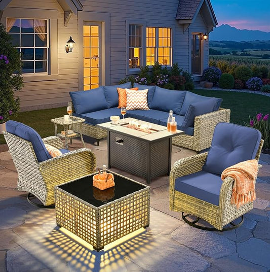 CAODOC 9-Piece Outdoor Sectional Sofa Set w/ 42" Fire Pit – L-Shaped Wicker Patio Furniture, Deep Seating & Swivel Rockers,Blue
