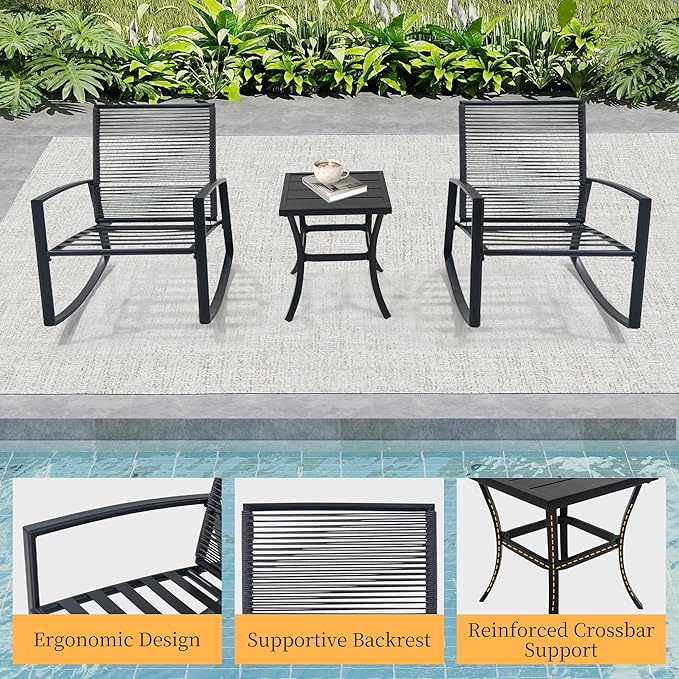 Domi Outdoor 3-Piece Wicker Rocking Chair Set, Patio Conversation Set with Removable Textilene Cushions & Metal Coffee Table, All-Weather Outside Chair Set of 3 for Balcony, Backyard, Pool, Beige