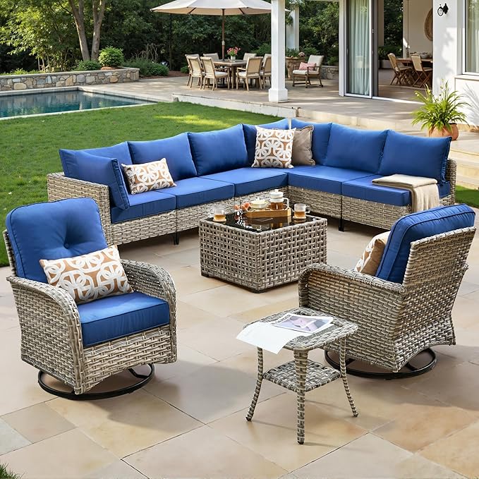 10 Piece Outdoor Patio Furniture with Swivel Rocking Chair, Rattan Wicker Conversation Set with Glowing Coffee Table, Sectional Single Chairs for Porch Balcony Backyard Pool,Blue