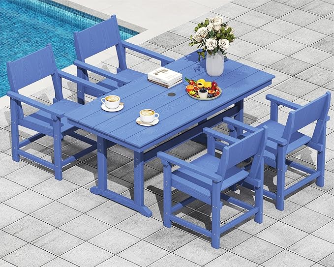 5-Piece HDPE Outdoor Patio Dining Set,Outdoor Table and Chairs,Modern Plastic Dining Sets with Umbrella Hole Cut-Out Table and 4 Chairs Navy