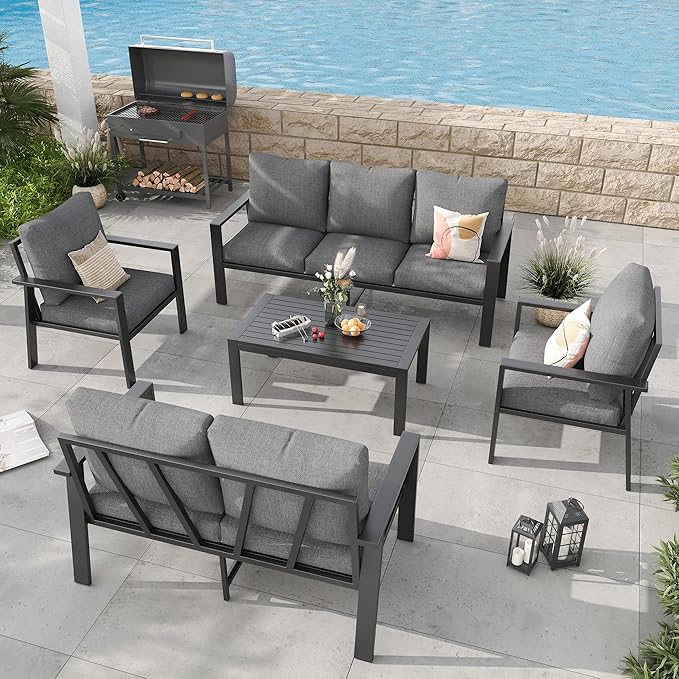 Aluminum Patio Conversation Set with Coffee Table 5 Pieces Deck Outdoor Furniture 7-Seat All-Weather Rust-Proof Sectional Sofa Set with Removable Cushion for Backyard, Poolside & Small Spaces