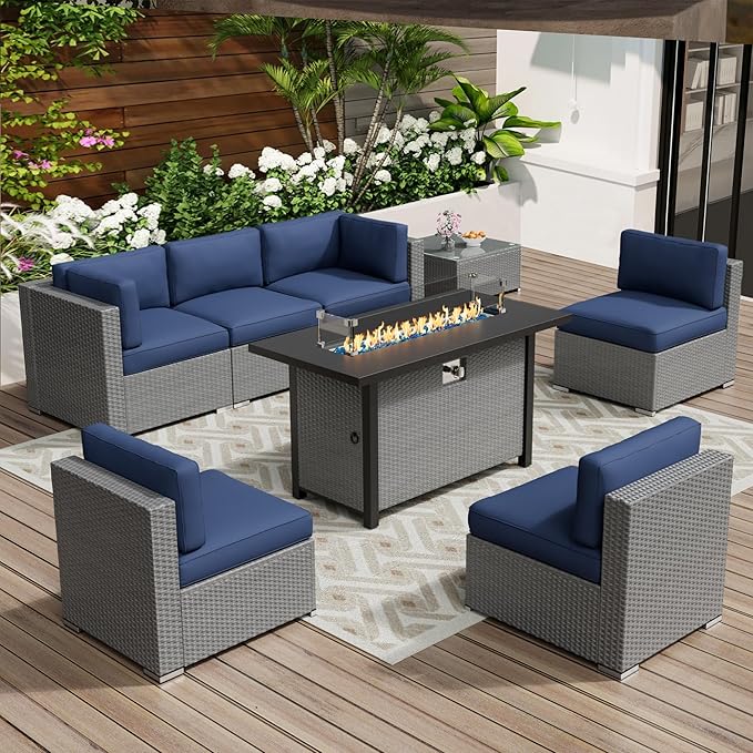 Oakcloud 8-Piece Outdoor Patio Furniture Sofa Set with 45” Propane Gas Fire Pit Table, Grey Rattan Wicker Sectional Conversation Sets with Glass Top Tables and Cushions(Dark Blue, w/Fire Pit Table)