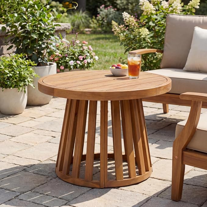 JONATHAN Y Solanya 28" Round Acacia Wood Outdoor Coffee Table with Slatted Tapered Base, Weather-Resistant Solid Wood Center Table for Patio, Garden, Deck, Natural Brown END7000A
