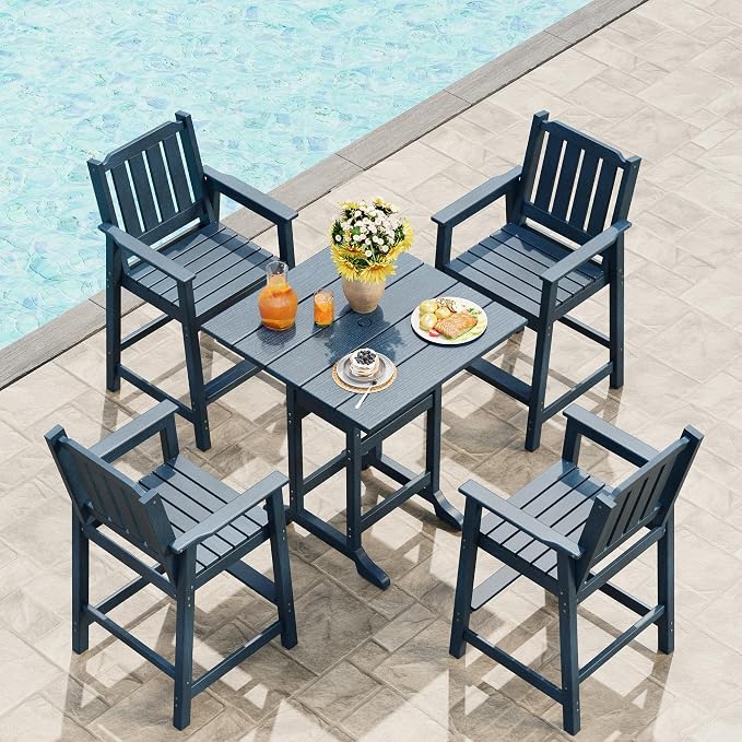 Takywep Set of 4 HDPE Wood Grain Outdoor Bar Stools, 27.7" High Counter Height Chairs with Armrests and Back, Weatherproof Pub Seating for Patio, Balcony, Garden, Deck, Backyard, Navy Blue