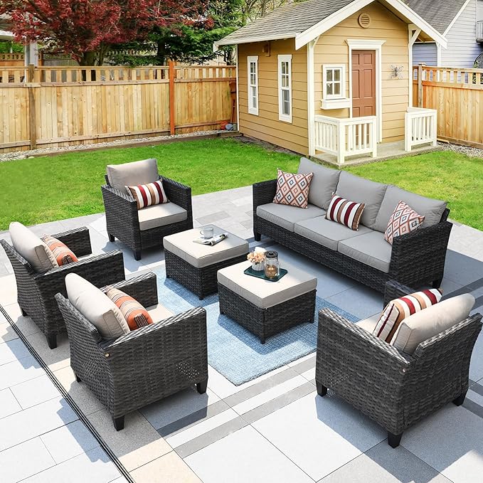 HOOOWOOO Wicker Patio Conversation Sets,7 Piece Outdoor Furniture Set with Ottoman,All Weather Resistant Modern Outside Out Door Rattan Couch Chairs Set,Beige