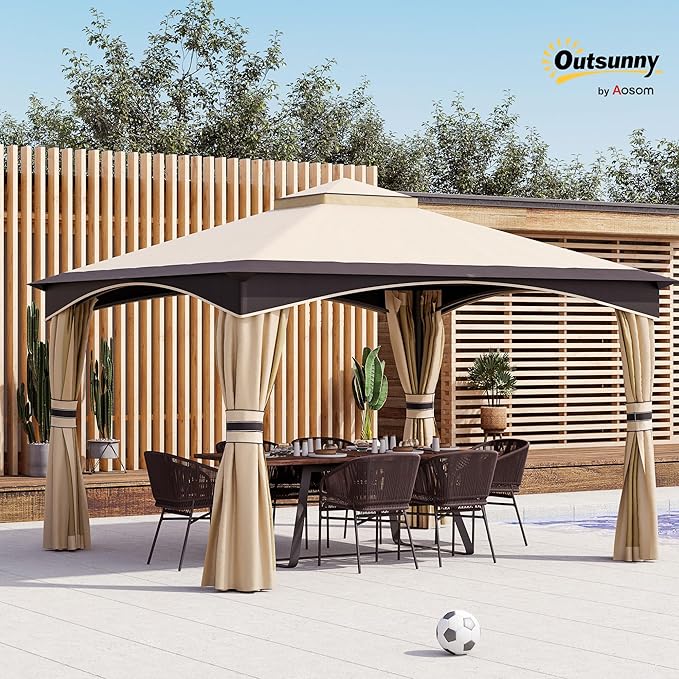 Outsunny 10' x 12' Outdoor Gazebo with Netting, Patio Gazebo Canopy with 2-Tier Soft Top Roof and Steel Frame for Lawn, Garden, Backyard and Deck