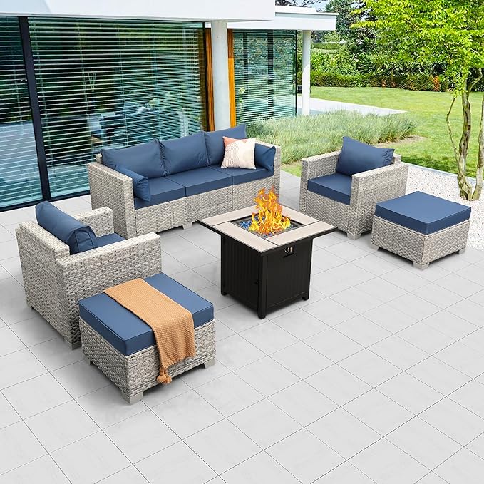 WAROOM Patio Furniture Set 6 Piece PE Rattan Outdoor Conversation Sets Grey Wicker Couch Sectional Sofa with 30" Fire Pit Table and Navy Blue Cushion