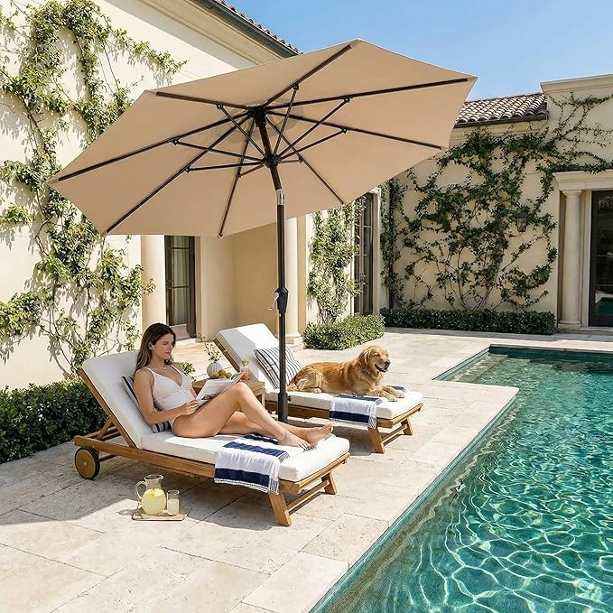 Kingdura 10FT Outdoor Patio Umbrella, Market Table Umbrella with Push Button Tilt and Crank, 8 Sturdy Fiberglass Ribs, UV Protection for Pool, Lawn, Deck, Backyard, Garden (Beige)