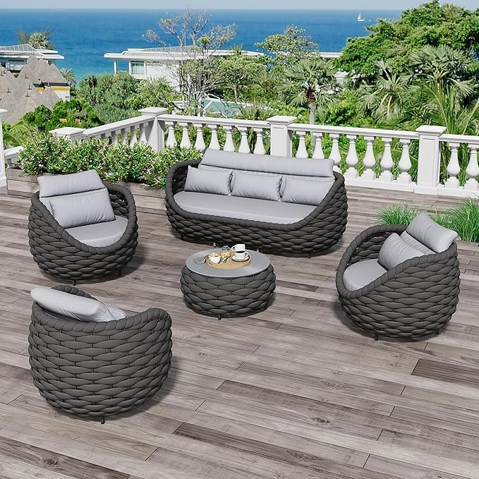 Aluminum Woven Rope Patio Furniture Set: 5 Pieces Assembled Outdoor Conversation Sofa Set for 6 - Modern Metal Couch Set Cushioned - All Weather Porch Seating for Deck Garden Lanai Hotel Resort
