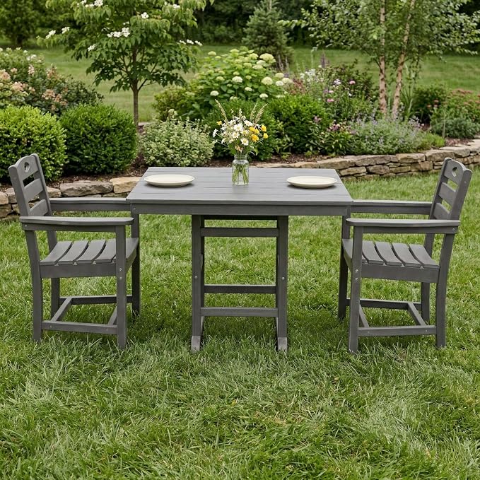 WILLIAMSPACE 37.8" Outdoor Patio Dining Set with 2 Armchairs, All Weather HDPE Square Dining Table with Umbrella Hole, Patio 3-Piece Bistro Set for Backyard, Balcony, Lawn, Kitchen (Grey)
