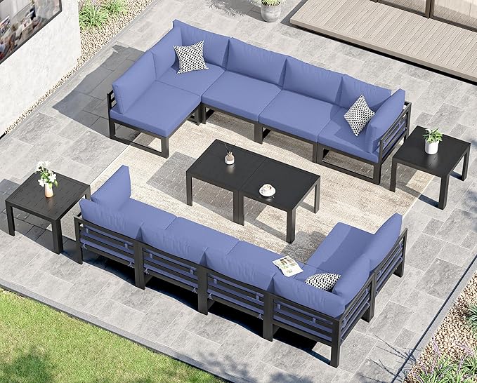 NICESOUL 14 Piece Oversized Modular Aluminum Outdoor Furniture Set with Side Table, 29" Deep and Wide Sectional Seating, 500 lbs High Weight Capacity Patio Conversation Set for Poolside, Denim Blue