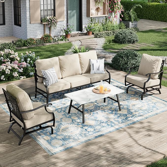 Patio Furniture Set 4 pcs, Outdoor Patio Furniture, 3-Seat Sofa, 2 Rocking Chairs, Metal Coffee Table and 5.75" Extra Thick Cushion, Patio Conversation Set for Garden Backyard Deck,Beige
