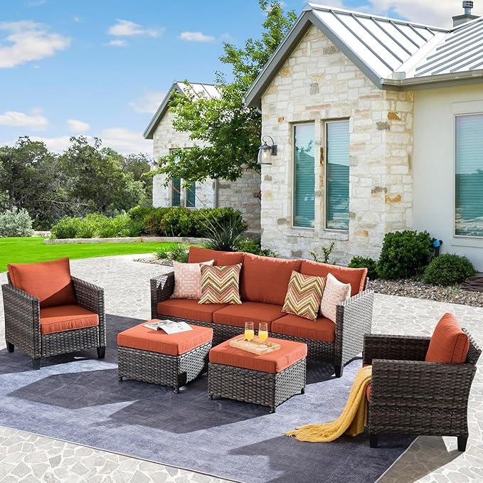 HOOOWOOO Patio Conversation Sets,5 Piece Wicker Outdoor Furniture Set with Ottoman,All Weather Resistant Modern Outside Out Door Rattan Couch Chairs Set,Orange Red