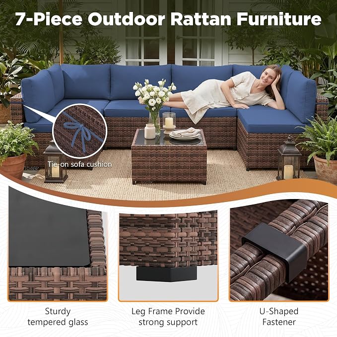 LHBcraft 7 Pieces Outdoor Wicker Rattan Patio Furniture, Wicker Rattan Outdoor Sectional Sofa Set with Coffee Table & Blue Cushions for Garden