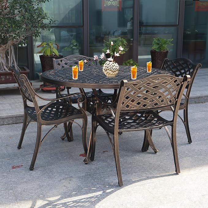 48.23" Patio Dining Table, All-Weather Cast Aluminum Table with 2.36" Umbrella Hole, Patio Furniture Table, Outdoor Dining Table for Backyard and Poolside