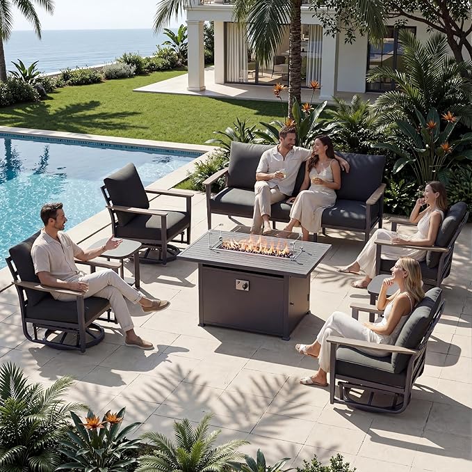 7-Seat Outdoor Patio Furniture Set with Rocking Swivel Chairs, Aluminum Sectional Sofa Patio Conversation Set with 55,000 BTU Fire Pit Table & High Backrest & Thickened Cushions, Dark Grey