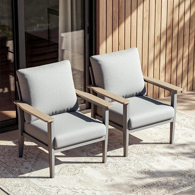 Aluminum Patio Chairs Set of 2, Modern Outdoor Armchairs with Wood-Like Armrests & 5.1" Thick Cushions, Wide Seat Balcony Furniture for Porch, Deck, Gray
