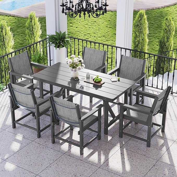 7 Piece HDPE Patio Dining Set, All-Weather Outdoor Table and Chair Sets with Umbrella Hole Outdoor Dining Table Sets of 6 Textilene Fabric Patio Chairs for Backyard, Poolside, Garden, Deck(Gray)