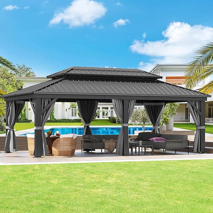 DWVO 12x20ft Hardtop Gazebo Double Roof with Nettings and Curtains, Heavy Duty Galvanized Steel Outdoor Vertical Stripes Roof for Patio, Backyard, Deck, Lawns, Gray