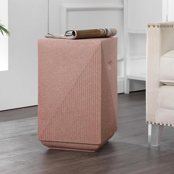 JONATHAN Y Adrian Polyresin Outdoor Side Table and Garden Stool, 21" Weather Resistant Geometric Fluted Accent Table for Patio, Porch, Deck, Pink Terrazzo TBL1104C