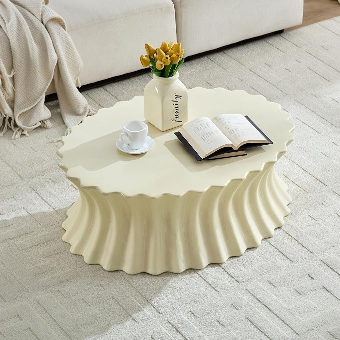 35'' Oval Coffee Table Faux Stone Coffee Table for Living Room Modern Faux Marble Coffee Tables for Indoor Outdoor Unique Center Tables No Assembly, Beige