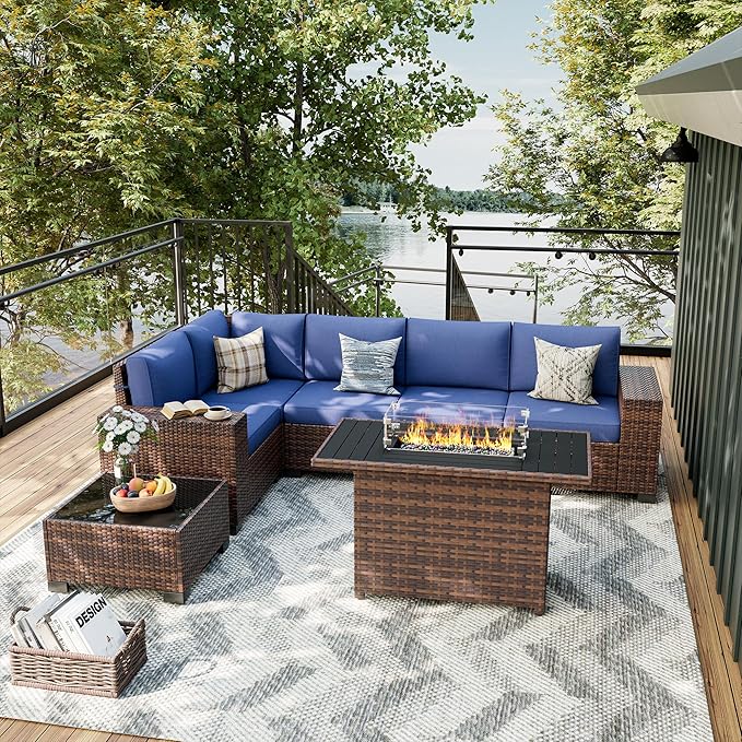 UDPATIO Patio Sectional Sofa with Fire Pit Table, 8 Inch Armrest 7-Piece Wicker Conversation with Waterproof Cover for Backyard Deck, Brown/Navy Blue