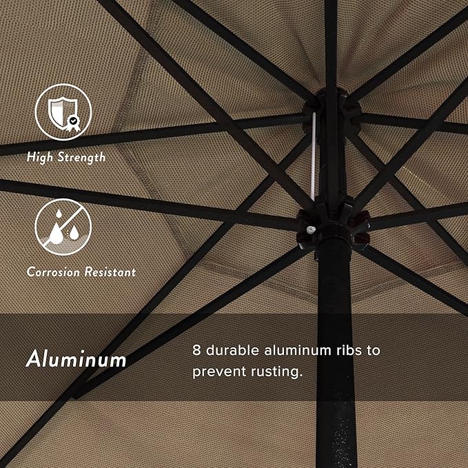 California Umbrella 7.5' Rd Aluminum Patio Umbrella, Crank Lift, Auto Tilt, Black Finish, Champagne