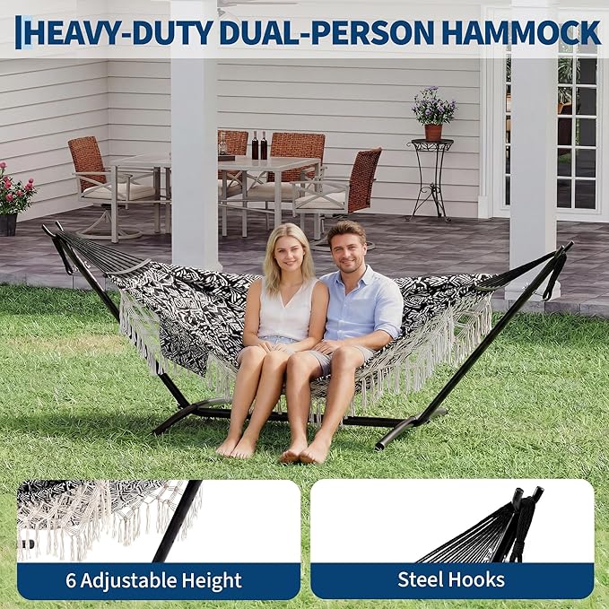 Double Hammock with Stand, 450LBS Capacity, 2 Person Large Hammock, Indoor and Outdoor Hammock, Boho Style, Perfect for Backyard Patio Beach, 9-Foot
